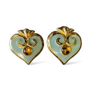 Yuki Torii Clip-On Gold Tone Aqua Enamel Cabochon Heart Earrings
